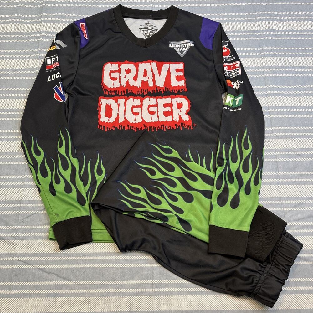 Youth Monster Jam Grave Digger 2 Piece Set LS Shirt Pants Preowned Size Small